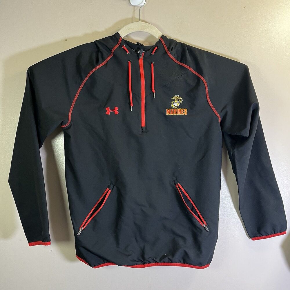 Under Armour Hoodie Mens Medium Black Red US Marine Corps USMC Pullover USA